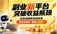副业新平台,突破收益瓶颈 全自动矩阵完成任务 零成本操作,单窗口20+