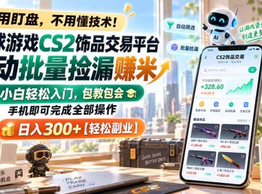 全球游戏CS2饰品交易平台自动批量捡漏赚米,小白轻松入门,包教包会,手机即可完成全部操作,日入300+【轻松副业】