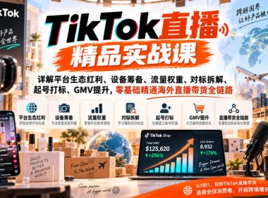 TikTok直播精品实战课,详解平台生态红利、设备筹备、流量权重、对标拆解、起号打标、GMV提升,零基础精通海外直播带货全链路