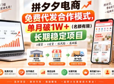 拼夕夕电商免费代发合作模式,单月破1W+(名额有限)长期稳定项目【揭秘】