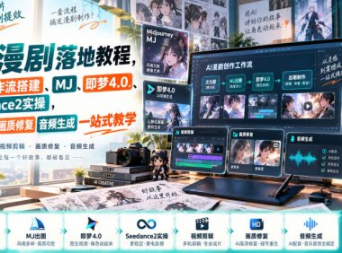 AI漫剧落地教程,涵盖工作流搭建、MJ、即梦4.0、Seedance2实操,视频剪辑画质修复音频生成一站式教学