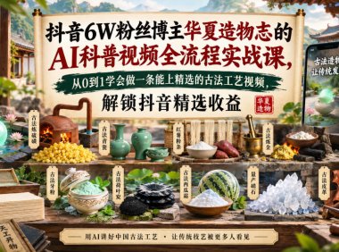 抖音6W粉丝博主华夏造物志的AI科普视频全流程实战课,从0到1学会做一条能上精选的古法工艺视频,解锁抖音精选收益