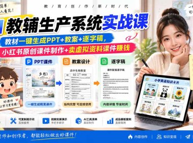 AI教辅生产系统实战课|教材一键生成PPT+教案+逐字稿,小红书原创课件制作+卖虚拟资料课件赚钱