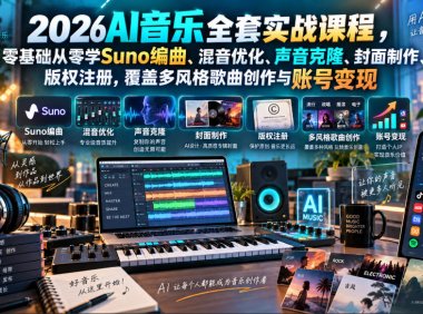 2026AI音乐实战课程,零基础从零学Suno编曲、混音优化、声音克隆、版权注册,覆盖多风格歌曲创作与账号变现