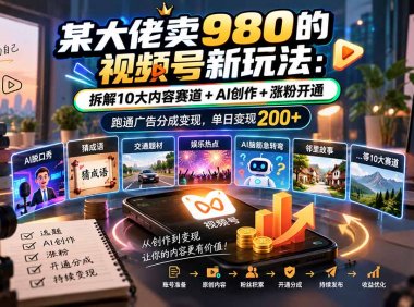 某大佬卖980的视频号新玩法:拆解10大内容赛道+AI创作+涨粉开通,跑通广告分成变现,单日变现200+