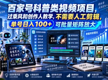 百家号科普类视频项目,过乘风和创作人教学,不需要人工剪辑,单号日入100+可批量矩阵放大