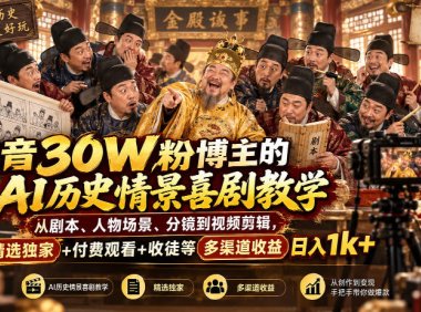 抖音30W粉博主的AI历史情景喜剧教学,从剧本、人物场景、分镜到视频剪辑,精选独家+付费观看+收徒等多渠道收益日入1k+