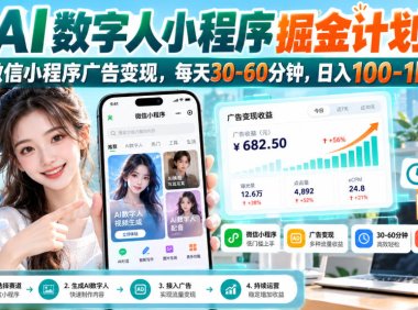 【无水印】AI数字人小程序掘金计划,微信小程序广告变现,每天30‑60分钟,日入100‑1k+