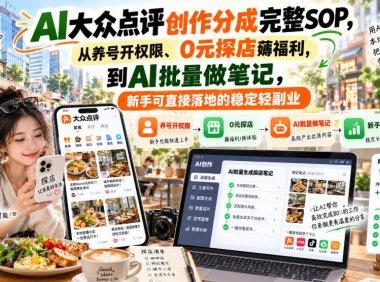 【无水印】AI大众点评创作分成完整SOP,从养号开权限、0元探店薅福利,到AI批量做笔记,新手可直接落地的稳定轻副业