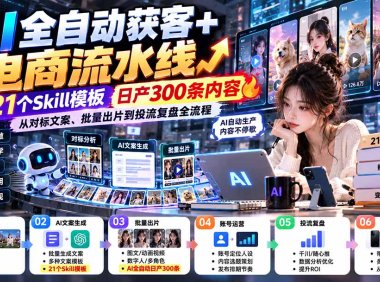 【无水印】AI全自动获客+电商流水线:配21个Skill模板,日产300条内容,从对标文案、批量出片到投流复盘全流程