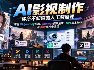 【无水印】AI影视制作-你所不知道的人工智能课,掌握Midjourney绘图、Runway视频生成、GPT脚本创作与剪映成片全流程