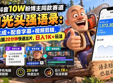【无水印】抖音10W粉博主同款赛道AI光头强语录:AI生成+配音字幕+视频剪辑,手机电脑20分钟快速出片,日入1K+玩法