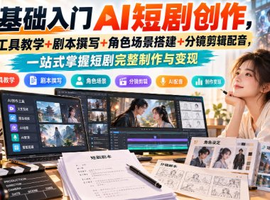 零基础入门AI短剧创作，全套工具教学+剧本撰写+角色场景搭建+分镜剪辑配音，一站式掌握短剧完整制作与变现