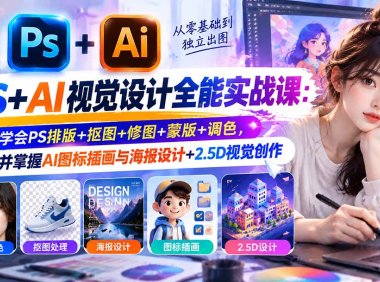 【无水印】PS+AI视觉设计全能实战课:学会PS排版+抠图+修图+蒙版+调色,并掌握AI图标插画与海报设计+2.5D视觉创作