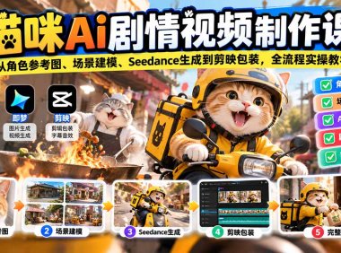 猫咪AI剧情视频制作课:从角色参考图、场景建模、Seedance生成到剪映包装,全流程实操教学