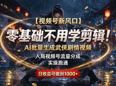 【视频号新风口】零基础不用学剪辑!AI 批量生成武侠剧情视频,入局视频号流量分成,实操跑通,日收益可做到 1000+