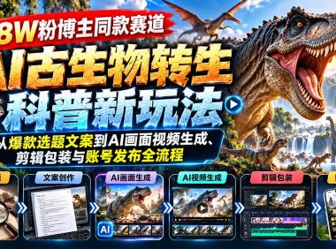 18W粉博主同款赛道-AI古生物转生科普新玩法:从爆款选题文案到AI画面视频生成、剪辑包装与账号发布全流程
