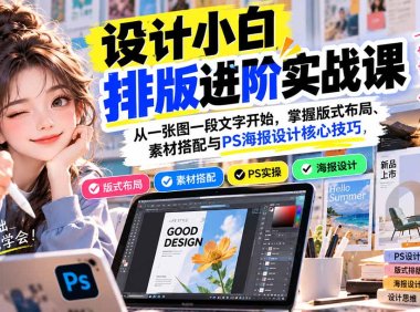 设计小白排版进阶实战课:从一张图一段文字开始,掌握版式布局、素材搭配与PS海报设计核心技巧