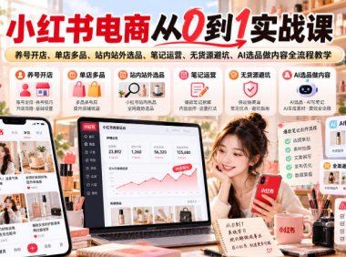 小红书电商从0到1实战课｜养号开店、单店多品、站内站外选品、笔记运营、无货源避坑、AI选品做内容全流程教学