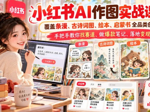 小红书AI作图实战课程,覆盖条漫、古诗词图、绘本、启蒙书全品类创作,手把手教你找赛道、做爆款笔记、落地变现(更新1009)