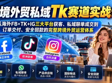 跨境外贸私域Tk赛道实战课:从海外FB+TK+IG三大平台获客、私域聊单成交到订单交付、安全回款的完整跨境外贸运营体系