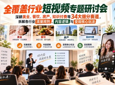 短视频专题研讨会,深耕美业、餐饮、房产、知识付费等34大细分赛道,拆解各行业流量规则、内容逻辑与变现核心玩法(更新1011)