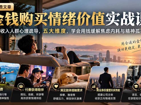 付费文章：金钱购买情绪价值实战课｜高收入人群心理疏导，五大维度，学会用钱缓解焦虑内耗与精神孤独