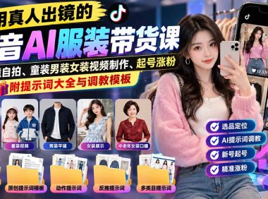 不用真人出镜的抖音AI服装带货课:AI对镜自拍、童装男装女装视频制作、起号涨粉,附提示词大全与调教模板