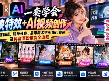 一套学会剪映特效+AI视频创作:从基础剪辑、隐身分身、悬浮魔术到AI热门赛道及抖音涨粉带货全流程