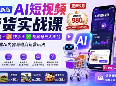 2026新版AI短视频带货实战课-更新10月17:抖音+快手+视频号三大平台,系统掌握AI内容与电商运营玩法