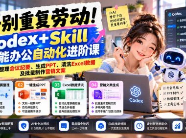 告别重复劳动!Codex+Skill智能办公自动化进阶课:一键整理会议纪要、生成PPT、清洗Excel数据及批量制作营销文案