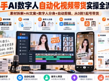 快手AI数字人自动化视频带货实操全流程|素材拆解+AI文案+数字人分身+自动剪辑,从0到1起号带货(更新26年)