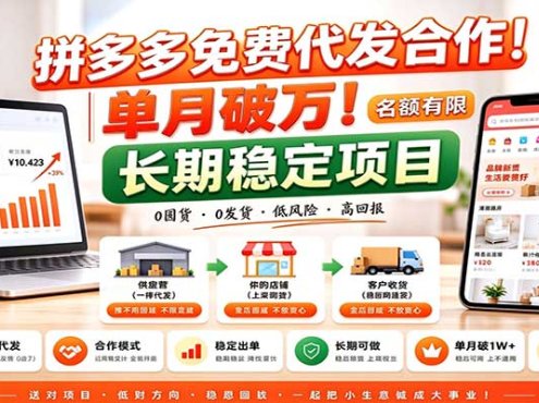 拼多多免费代发合作|单月破万!长期稳定项目,名额有限