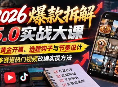 2026爆款拆解5.0实战大课:拆透黄金开篇、选题钩子与节奏设计,学会多赛道热门视频改编实操方法