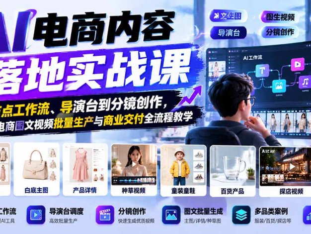 AI电商内容落地实战课:从节点工作流、导演台到分镜创作,掌握电商图文视频批量生产与商业交付全流程教学