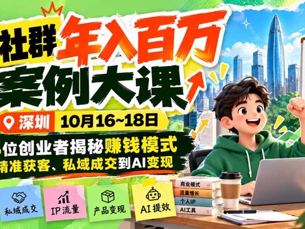 某社群年入百万案例大课-深圳10月16~18日:14位创业者揭秘赚钱模式,从精准获客、私域成交到AI变现
