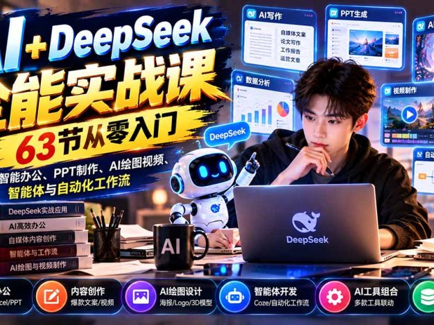 AI+DeepSeek全能实战课:63节从零入门,掌握智能办公、PPT制作、AI绘图视频、智能体与自动化工作流