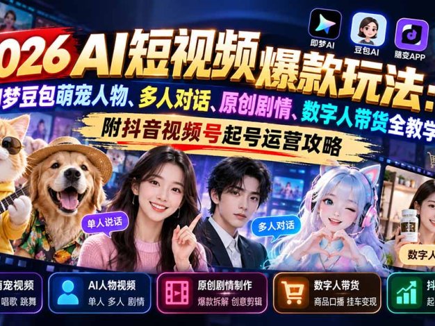 2026AI短视频爆款玩法:即梦豆包萌宠人物、多人对话、原创剧情、数字人带货全教学,附抖音视频号起号运营攻略