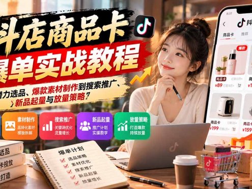 抖店商品卡爆单实战教程:从高潜力选品、爆款素材制作到搜索推广、新品起量与放量策略