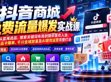 抖店城免费流量爆发实战-更新：蓝海选品、搜索关键词布局到猜你喜欢入池、商品卡爆单、千川全域放量及AI提效完整打法