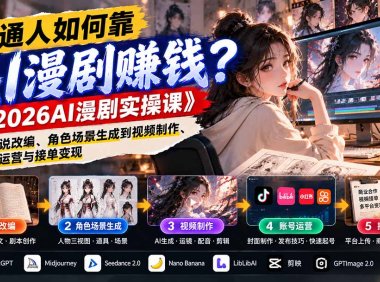 普通人如何靠AI漫剧赚钱？《2026AI漫剧实操课》从小说改编、角色场景生成到视频制作、账号运营与接单变现