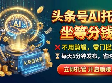 头条AI视频托管，你出号我运营，每天花5分钟发布，月赚1W+，手机可做