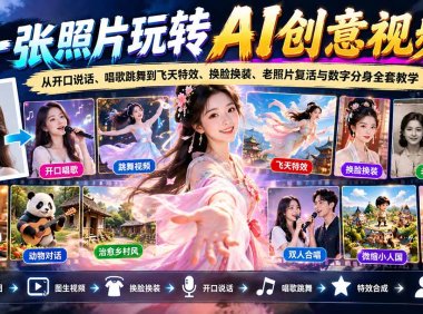 一张照片玩转AI创意视频！从开口说话、唱歌跳舞到飞天特效、换脸换装、老照片复活与数字分身全套教学