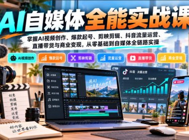 【无水印】AI自媒体全能实战课，掌握AI视频创作、爆款起号、剪映剪辑、抖音流量运营、直播带货与商业变现，从零基础到自媒体全链路实操