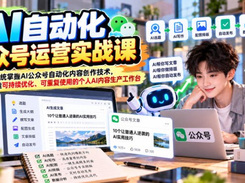 AI自动化公众号运营实战课，系统掌握AI公众号自动化内容创作技术，打造可持续优化、可重复使用的个人AI内容生产工作台