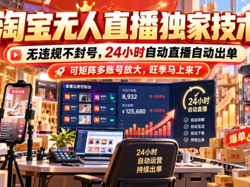淘宝无人直播独家技术，无违规不封号，24小时自动直播自动出单，可矩阵多账号放大，旺季马上来了【揭秘】