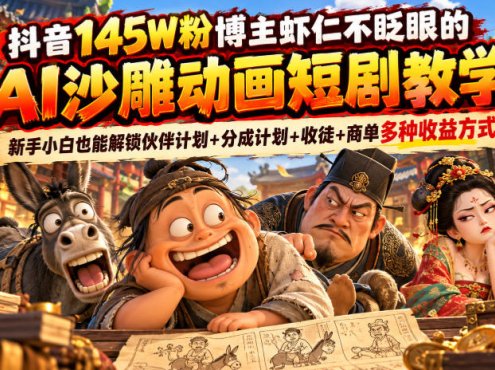 抖音145W粉博主虾仁不眨眼的AI沙雕动画短剧教学，新手小白也能解锁伙伴计划+分成计划+收徒+商单多种收益方式
