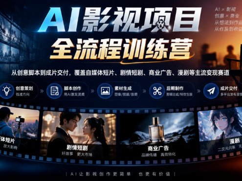 AI影视项目全流程训练营，从创意脚本到成片交付，覆盖自媒体短片、剧情短剧、商业广告、漫剧等主流变现赛道
