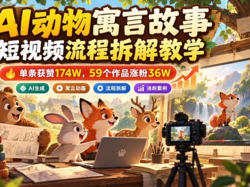 AI动物寓言故事短视频流程拆解教学，单条获赞174W，59个作品涨粉36W