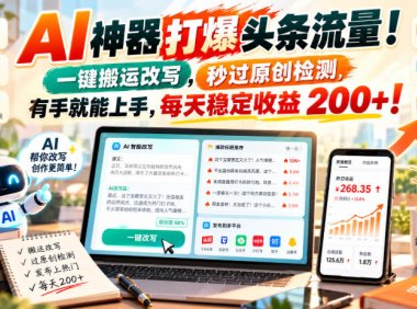 AI神器打爆头条流量,一键搬运改写,秒过原创检测,有手就能上手,每天稳定收益200+!【揭秘】